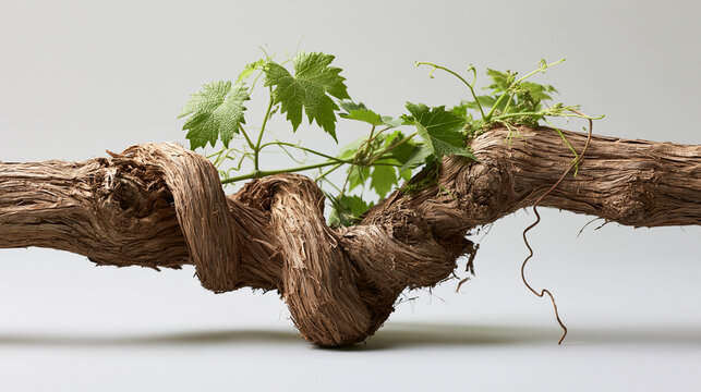 Weathered Grape Vine Branch with Young Leaves and Curling Tendrils