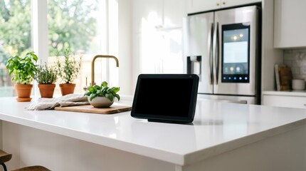 Fototapeta premium Blank tablet screen mockup on a kitchen counter in a modern smart home interior.