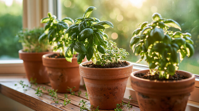 Potted Basil Herbs on Sunny Windowsill in Warm Kitchen Light