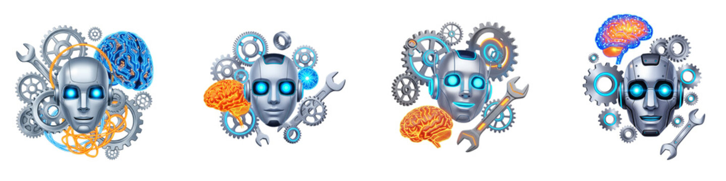 Set of robotic heads with mechanical gears and artificial brains on black