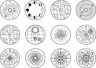 Cosmic astronomy chart planetary orbit diagrams representing moon phase circle constellation network solar system layout eclipse alignment symbol star © ArtFlex