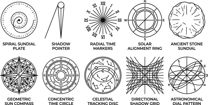 Top-view vector sundial design elements collection featuring spiral plate shadow pointer radial time markers solar alignment ring ancient stone compass
