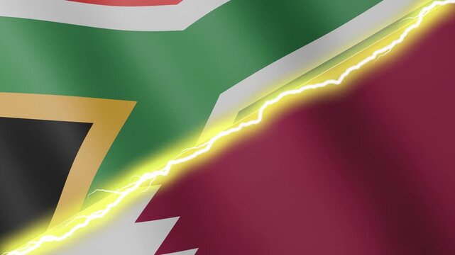 Two waving flags South Africa and Qatar with diagonal lightning seamless, 4k loop