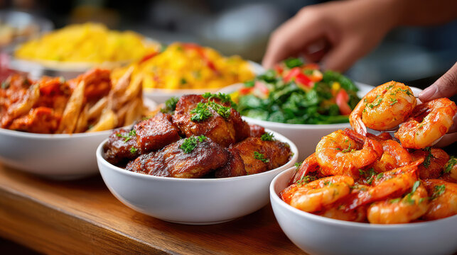 Assorted hot buffet bowls with seasoned shrimp meats sides and salads for catering menu banner background and party buffet design