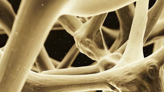 Microscopic structure of trabecular bone tissue illustrating the effects of osteoporosis disease, with a focus on weakened bone density and biological changes