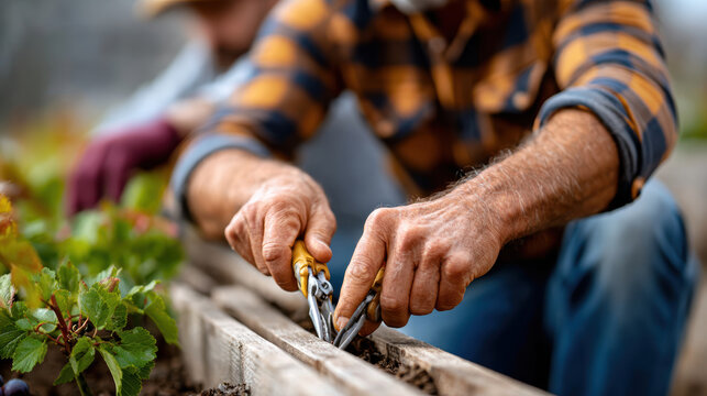 Hands pruning dwarf fruit tree with garden shears by helper and elder for gardening banner and background design