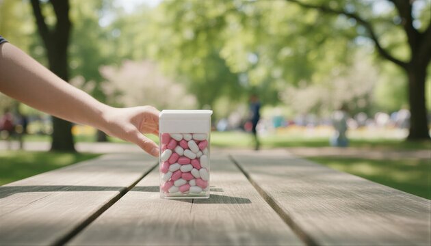 Portable candy dispenser on a rustic wooden table in a sunlit park