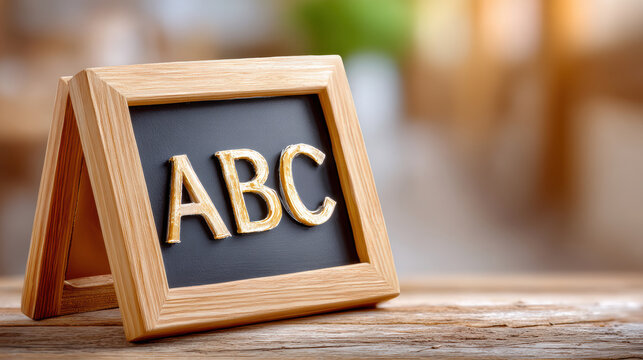 Small a frame wooden chalkboard with ABC letters on rustic table for school sign background and classroom poster display design