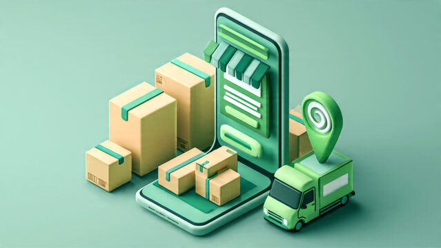 Digital delivery concept with smartphone, boxes, truck, and map pin in cool green tones