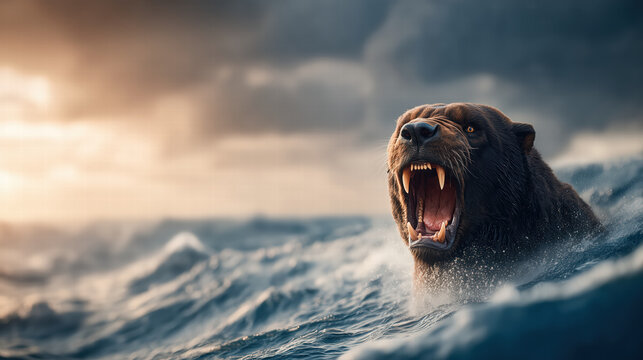 The Beast rising out of the sea in Revelation, terrifying and apocalyptic biblical scene, dark waters and stormy sky emphasizing chaos, power, and prophetic symbolism