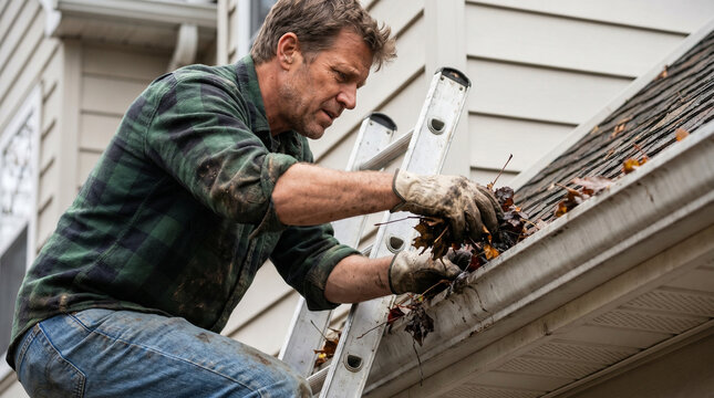 Man cleaning leaves from gutter while standing on a ladder outdoors  