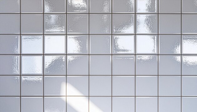 細やかな波状の凹凸が光を優しく拡散する磁器の質感。左下から温かい木漏れ日が差し込むホワイトタイルの表面