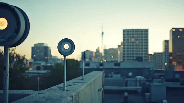 Rooftop security spotlights standing on a ledge with a sprawling city skyline and buildings in soft focus under a fading sky, creating a conceptual blend of vigilance and urban life