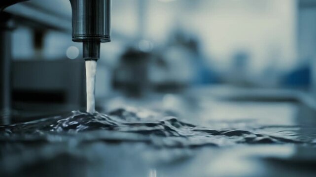 High pressure water stream precisely cutting material in an industrial setting, showcasing advanced manufacturing technology and engineering with detailed fluid dynamics