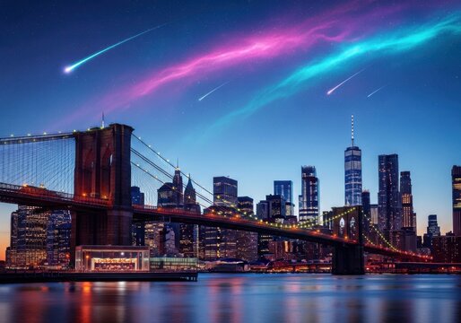 Brooklyn bridge and new york city skyline at night with colorful northern lights and falling stars in sky