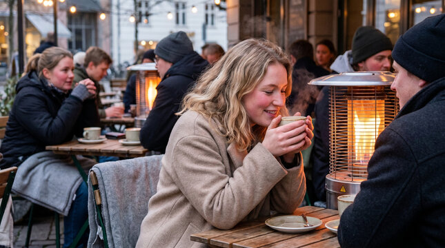 Woman enjoying warm drink at outdoor cafe with heaters in evening  