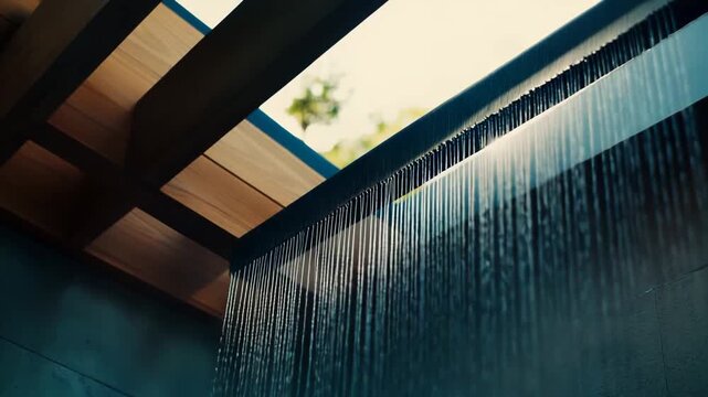 Outdoor shower fixture releasing a gentle stream of water, creating a tranquil and luxurious spa like experience within a contemporary architectural space under natural light