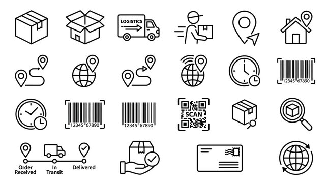 Logistics icons illustrate delivery process with trucks, packages, and barcodes on a global map view.