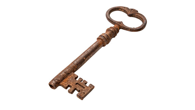 Vintage rusty metal key classic old design isolated on transparent background