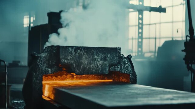 Hot metal billet intensely glowing with orange red heat emerging from an industrial furnace, generating steam and smoke inside a manufacturing factory