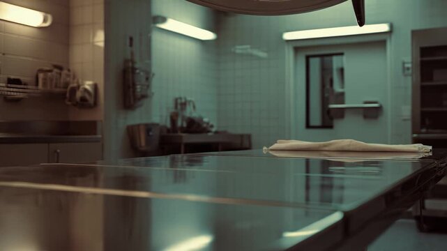 Empty metal autopsy table waiting for procedures inside a sterile, clinical laboratory setting, with medical equipment in the background and soft overhead lighting creating a somber atmosphere