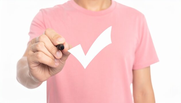 Close-up of a man in a pink t-shirt drawing a white checkmark with a black marker, concept of approval or completed.