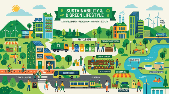 People live in a green city with sustainable lifestyle and transportation