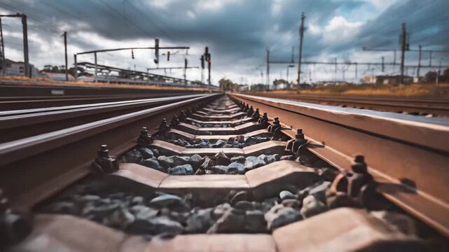 Railway lines stretch into the horizon, creating a vanishing point perspective with industrial infrastructure under a cloudy and atmospheric sky, symbolizing journeys and progress