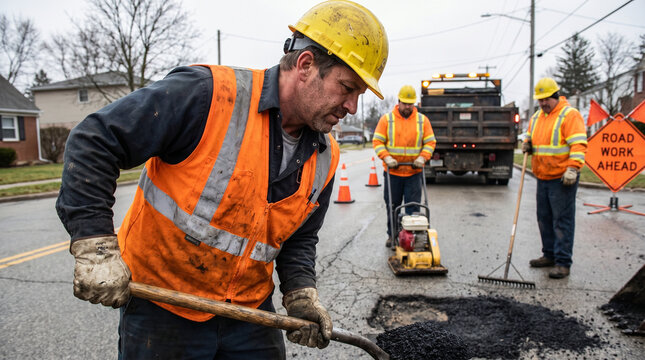 Road workers patching potholes on urban street during daylight  