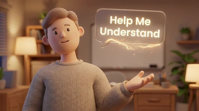 Animated character asking for help with text bubble on white board