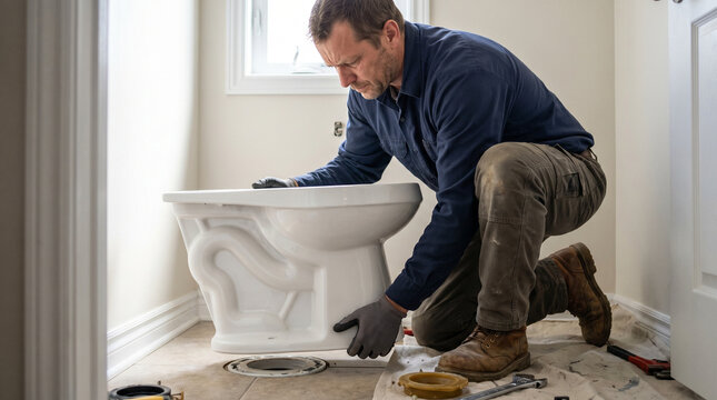 Plumber installing a toilet in a bathroom with tools on the floor  