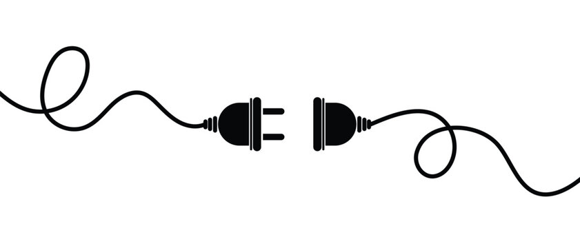Black electric male plug and female socket disconnected with wavy cords, isolated on a white background. Concept of 404 error.