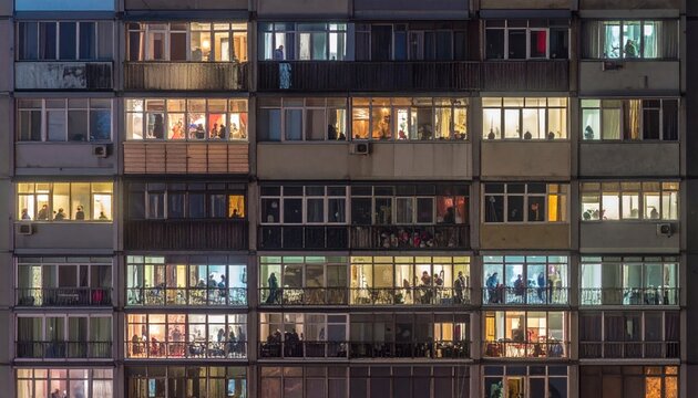 Apartment building at night, illuminated windows showing people inside