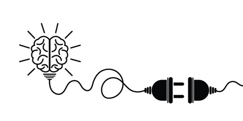 Minimalist black and white vector concept of a glowing human brain lightbulb connecting to a power plug, symbolizing an idea, inspiration, or creative thought. © FAYSAL