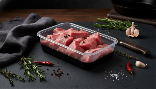 Premium raw beef chunks in dark artisanal packaging
