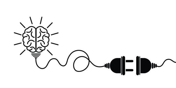 Minimalist black and white vector concept of a glowing human brain lightbulb connecting to a power plug, symbolizing an idea, inspiration, or creative thought.