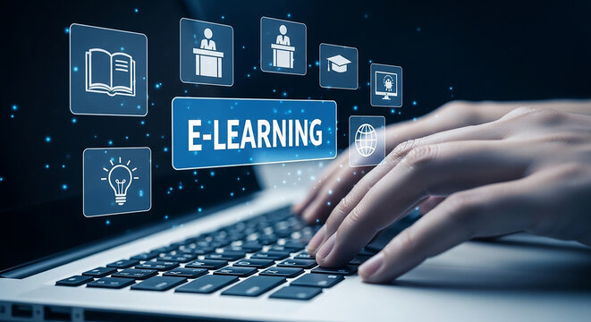 E-Learning Iconography: Hands typing on a laptop keyboard with a glowing blue E-Learning sign and various educational icons floating above, symbolizing online education and digital learning.