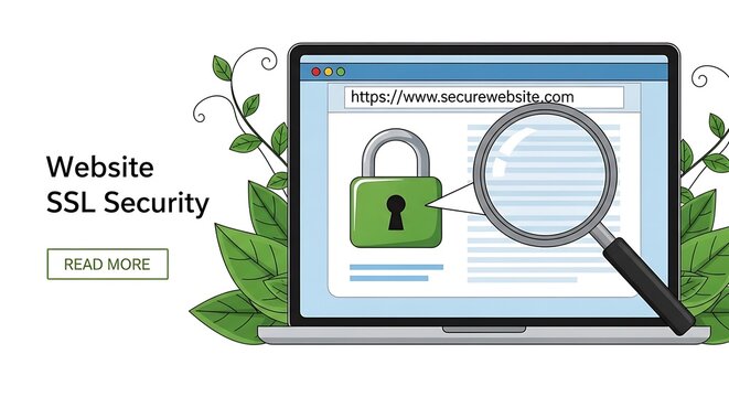 A graphic illustration of a laptop displaying a secure website with a green lock and magnifying glass on the screen surrounded by leaves