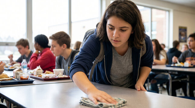 Young girl cleaning cafeteria table after lunch in busy school setting  