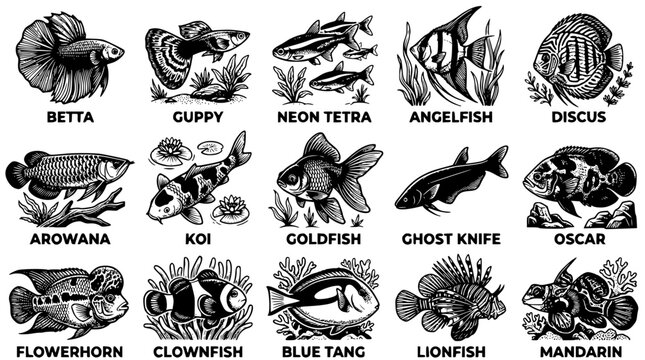 Black and white vector illustrations of various aquarium fish species