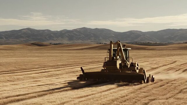 Heavy yellow tractor is operating in a vast dry agricultural field, breaking the brown earth while mountains rise in the distance under a bright sky