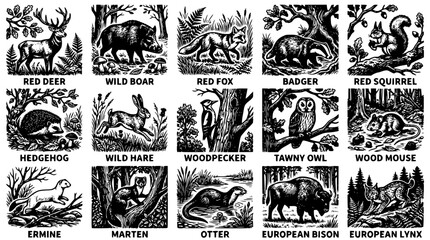 Obraz premium Black and white vector illustrations of various forest animals and wildlife
