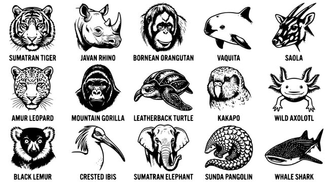 Endangered species vector illustrations featuring various animal faces and heads
