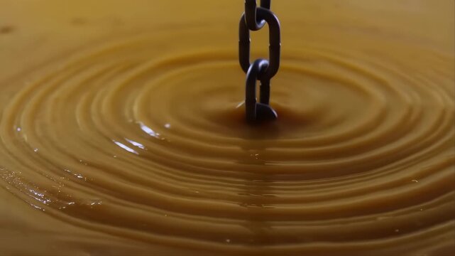 Pool Water Surface with a Heavy Steel Chain Hook Being Lowered Into the Water, Creating Ripples and Splashes