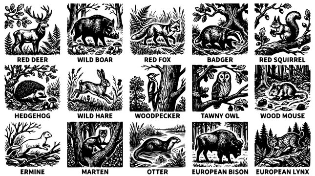 Black and white vector illustrations of various forest animals and wildlife