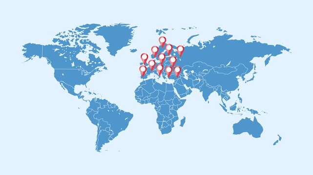 Animated world map with multiple red location pins popping up across Europe and western Russia