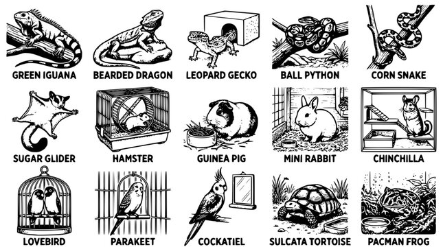 Black and white vector illustrations of various exotic pets and animals