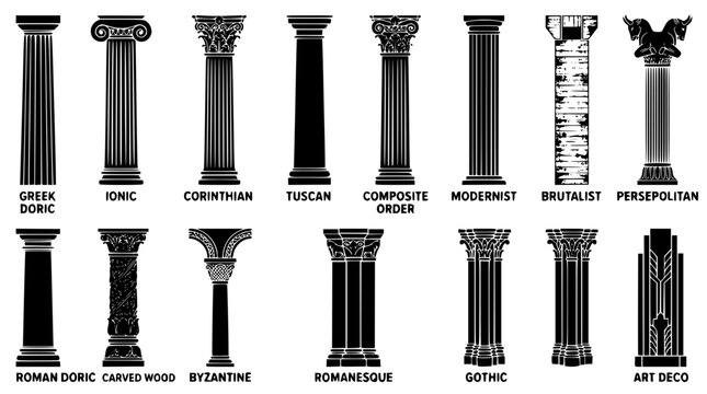Various architectural columns in different styles and designs illustration