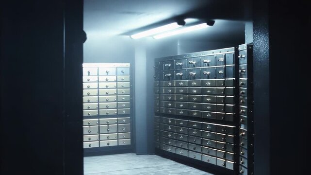 Metal safety deposit boxes lined in a secure bank vault, cinematic light casting shadows on steel doors and locks, conveying protection, secrecy, and financial security