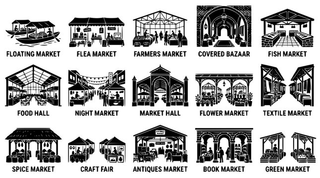 Various types of markets and bazaars illustrated in vector graphics style